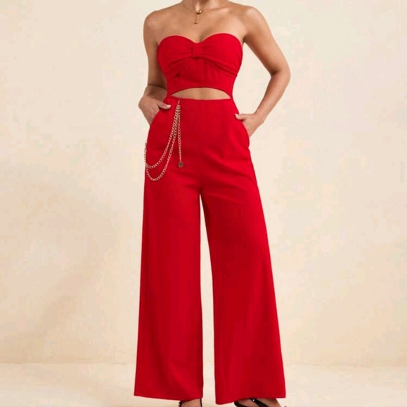 Red Strapless Gold Chain Cut Out Wide Leg Jumpsuit For Women